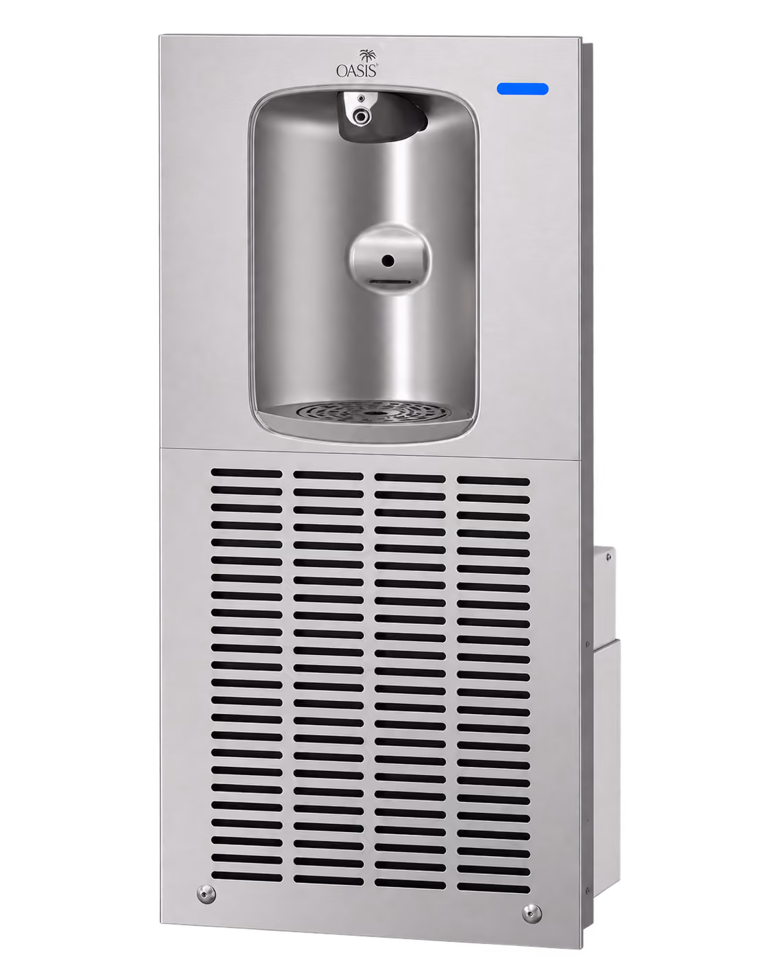 Stainless steel water cooler dispenser with a recessed area for filling bottles, a round button at the top for dispensing water, and a vented lower section for cooling. The brand name Oasis is printed above the dispenser opening.