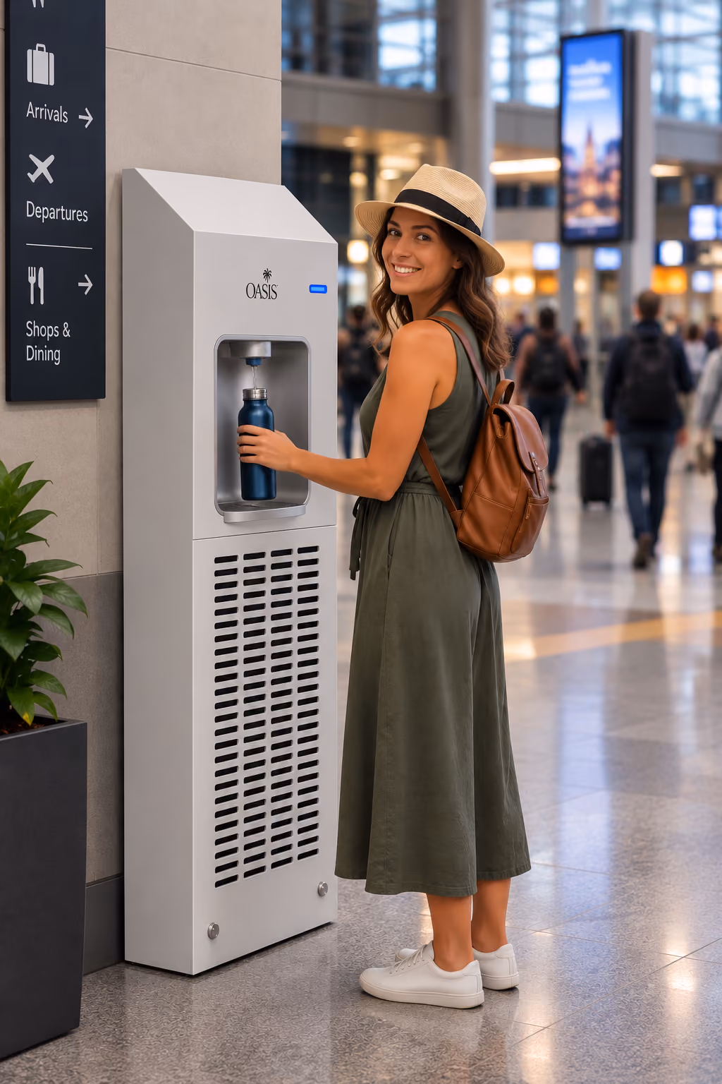 Egy zöld ruhás, kalapos nő egy kék vizes palackot tölt fel az Oasis márkájú vízfeltöltő állomásnál a repülőtér termináljában.