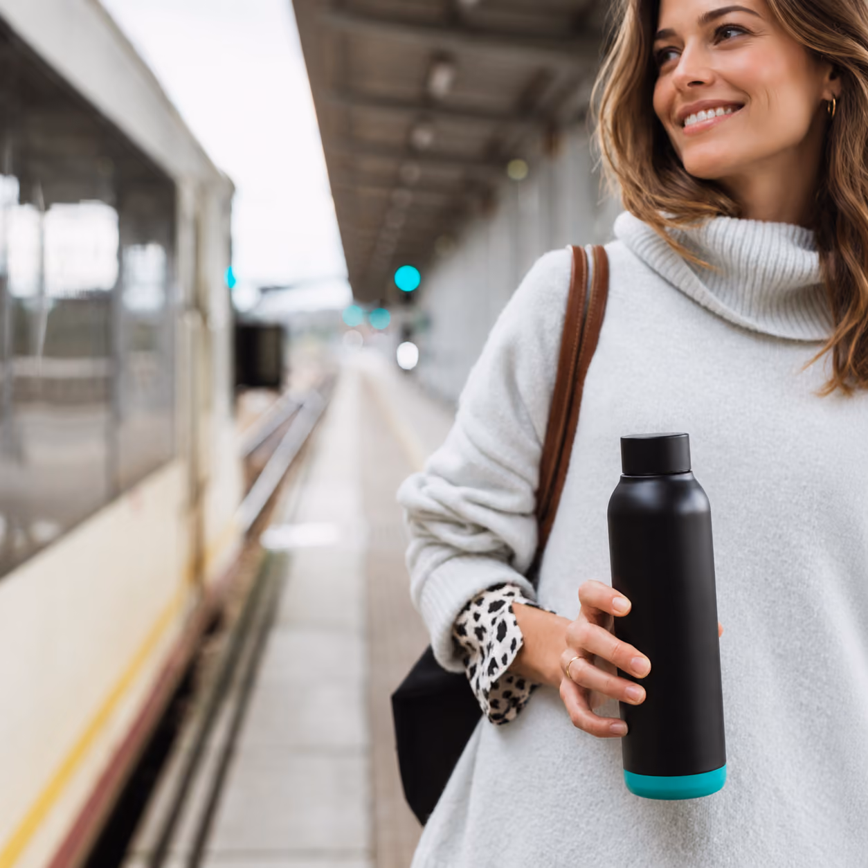Smiling woman wearing a light gray sweater stands on a train platform holding a black and turquoise water bottle, with a train visible on the left.